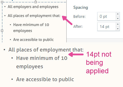 14pt after paragraph spacing assigned to a list item above a sub-list item, but the 14pt is not applied in the published product