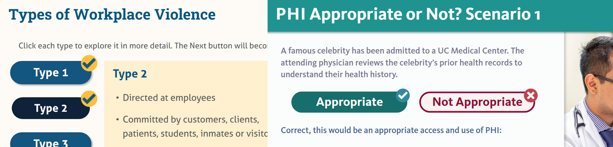 One example uses checkmark icons on certain buttons to convey they've been used and their pop-ups have been visited, while another example uses a checkmark icon to convey a correct answer choice and an X icon to convey an incorrect answer choice
