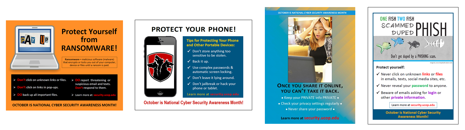 Cybersecurity posters: Protect your phone, Protect yourself from ransomware, Keep your private info private, Don't get duped by a phishing scam. 