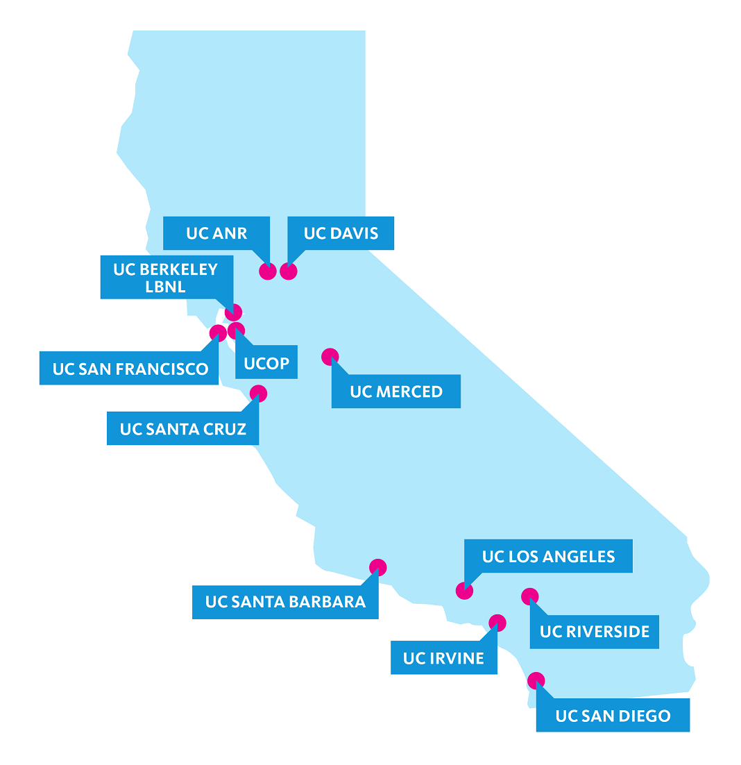 Map of California displaying UC locations