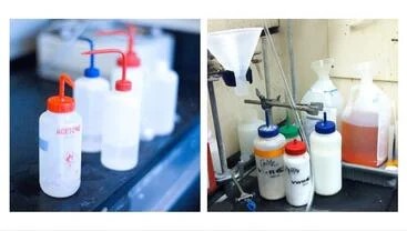 A picture on the right with 4 capped containers on a table. Another picture on the right with a beaker and 7 containers of chemicals on a lab table.