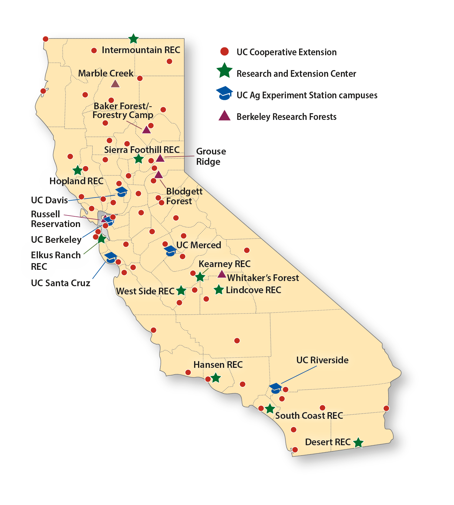Map of CA with UC ANR locations
