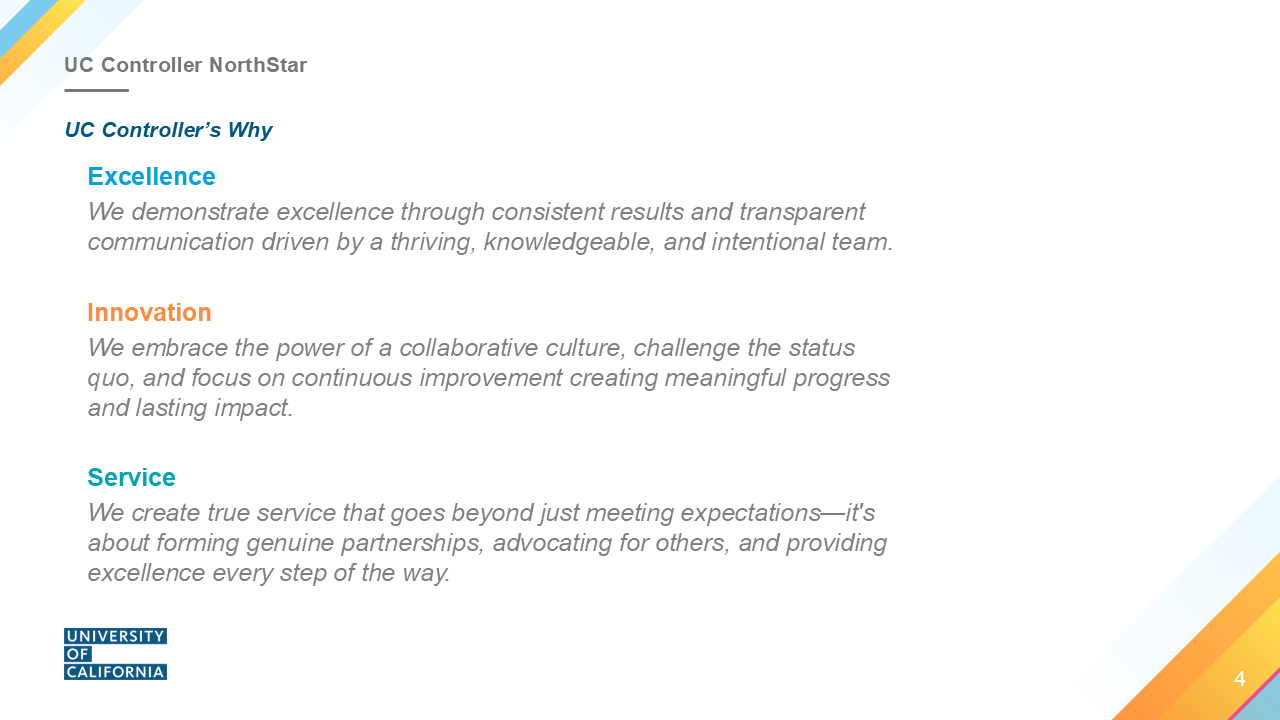 This image described the goals of the UC Controller team in the three key areas of excellence, innovation, and service.